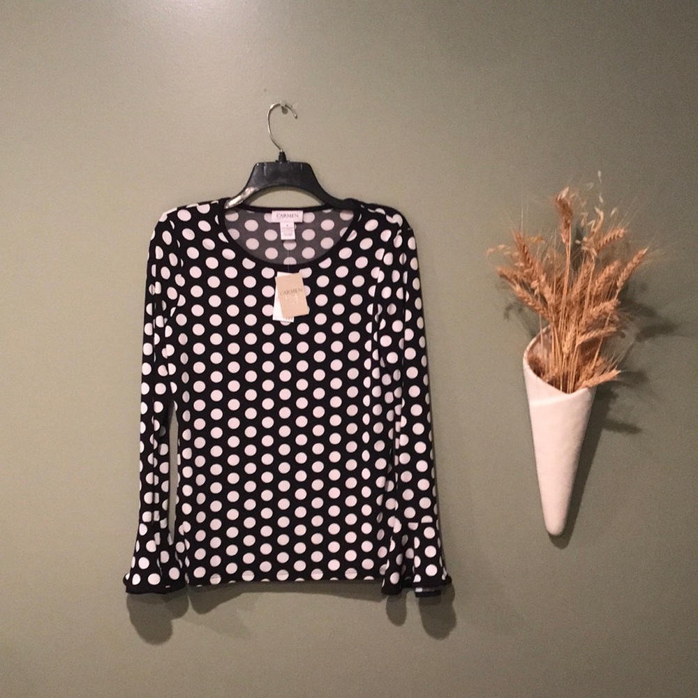 Carmen Marc Valvo Black White Polka Dot Long Sleeve Blouse S. NWT